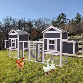Outdoor Wooden Chicken Coop, 124" Large Hen Cage Rabbit House, Bunny Hutch with Ventilation Door (Color: gray+white)