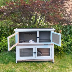 Double rabbit cage with climbing ladder and tray for small animals New rabbit hutch easy cleaning small animal play cage (Color: Brown)