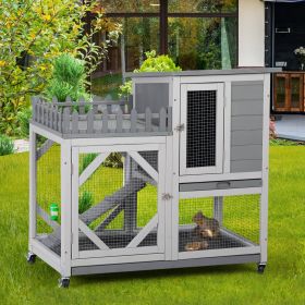 Large Rabbit Hutch, Wooden Bunny Cage with Casters, Fence, Trays, Water Bottle, Indoor and Outdoor Animal House for Rest and Run, Easy Clean, Gray (Color: Dark Gray + Light Gray)