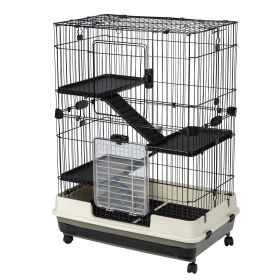 4-Tier 32"Small Animal Metal Cage Height Adjustable with Lockable Casters Grilles Pull-out Tray for Rabbit Chinchilla Ferret Bunny Guinea Pig Squirrel (Color: Black)