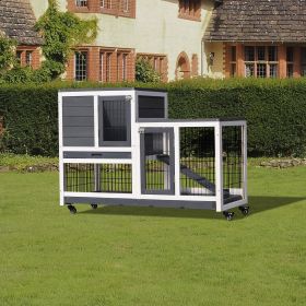 Removable Tray Ramp wooden outdoor rabbit hutch small animal coop with running cage with Enclosed Run with Wheels, Ramp, Removable Tray Ideal (Color: as Pic)