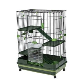 4-Tier 32"Small Animal Metal Cage Height Adjustable with Lockable Casters Grilles Pull-out Tray for Rabbit Chinchilla Ferret Bunny Guinea Pig Squirrel (Color: Green)