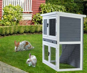 Two-layer solid wooden with easy clear tray for bunny rabbits Wooden Pet House Rabbit Bunny Wood Hutch House  Chicken Coops Chicken Cages Rabb (Color: as Pic)