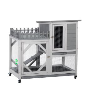 Large Rabbit Hutch, Wooden Bunny Cage with Casters, Fence, Trays, Water Bottle, Indoor and Outdoor Animal House for Rest and Run, Easy Clean, Gray (Color: as Pic)