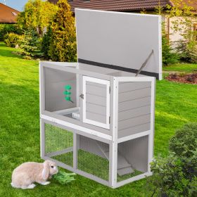 Wood Rabbit Hutch;  Pet Playpen with 2 Stories;  Ramp;  Doors;  Pull-out Tray;  Water Bottle;  Outdoor Enclosure for Small Animals Bunnies (Color: gray+white)