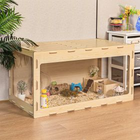 Wooden Hamster Cage Small Animals House, Acrylic Hutch for Dwarf Hamster, Guinea Pig, Chinchilla, Opening Top with Air Vents (Color: Burlywood)