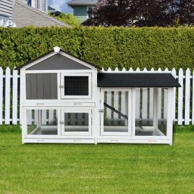 Removable Tray Ramp wooden outdoor rabbit hutch with running cage (Color: Gray)