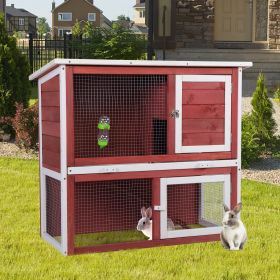 Wood Rabbit Hutch;  Pet Playpen with 2 Stories;  Ramp;  Doors;  Pull-out Tray;  Water Bottle;  Outdoor Enclosure for Small Animals Bunnies (Color: red+white)